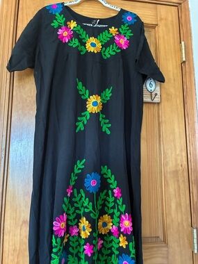 NWT. Black Embroidered Floral Dress - Bright Multicolor Detail.